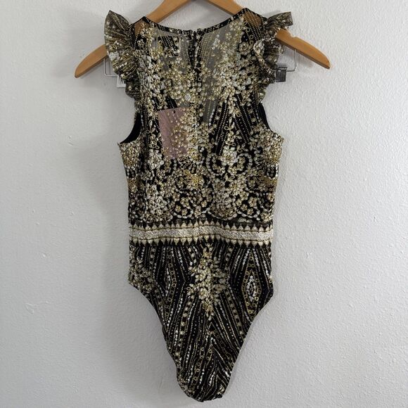 Hello‎ Molly Bodysuit Womens 2 Black Gold Print Sparkly Whimsical Steampunk Y2K - Picture 5 of 12